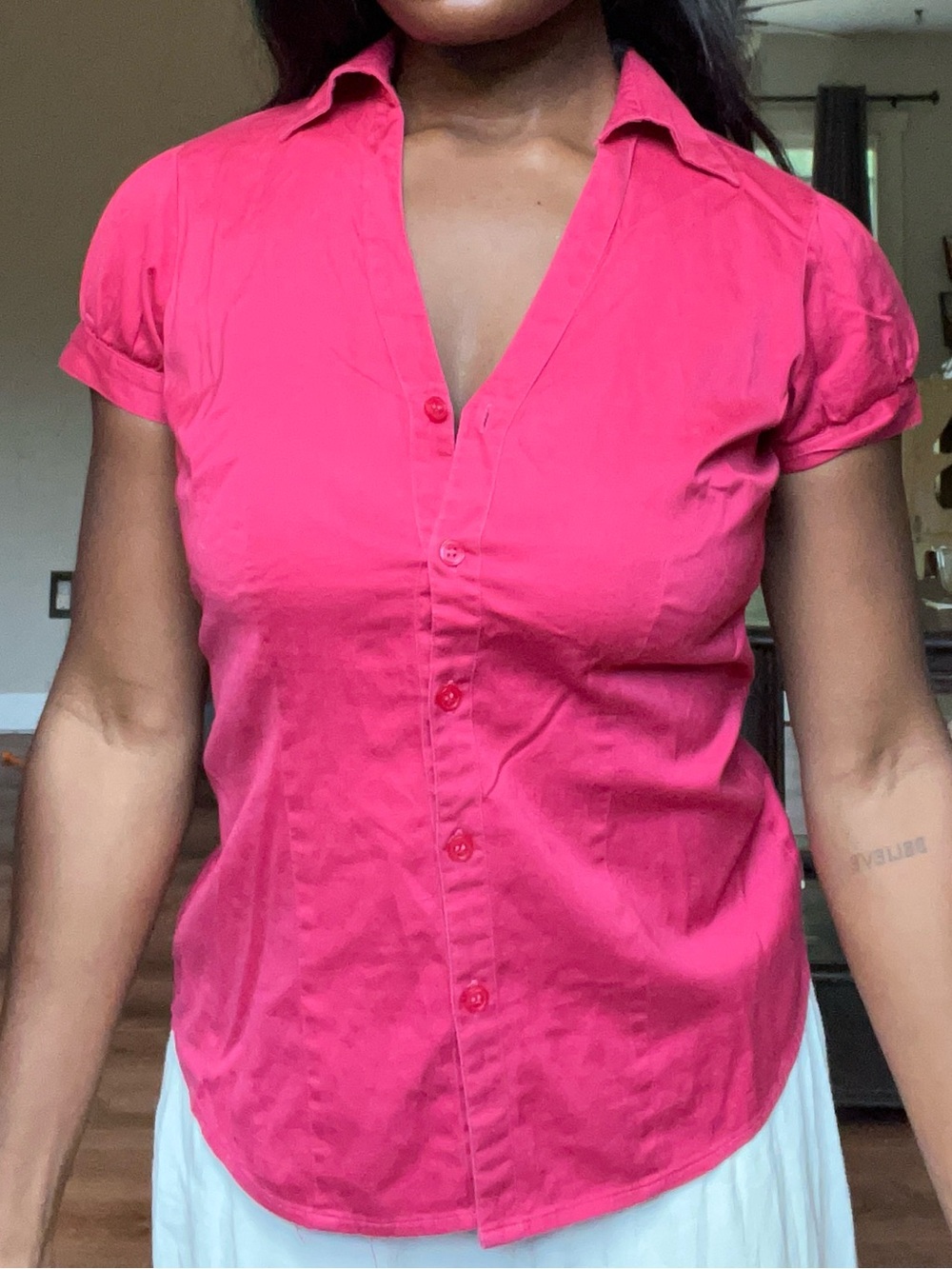Women's Pink Short-Sleeve Button Front Top